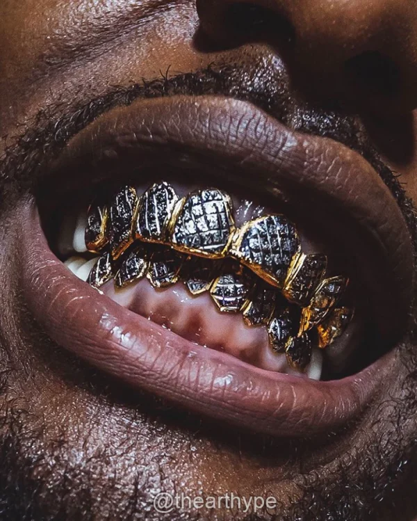 Solid Two Tone Gold Diamond Cut with Diamond Dust Grillz - Image 3