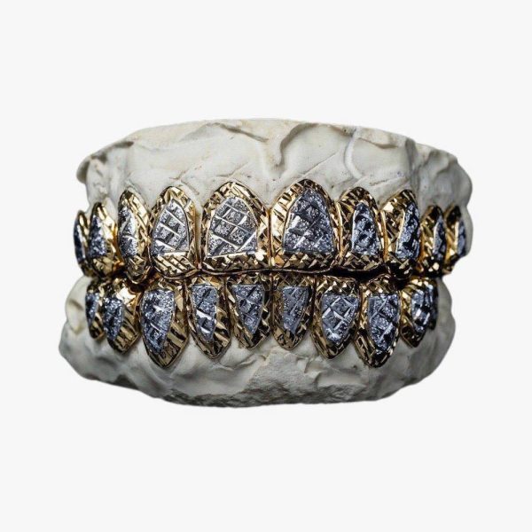 Solid Two Tone Gold Diamond Cut with Diamond Dust Grillz - Image 4